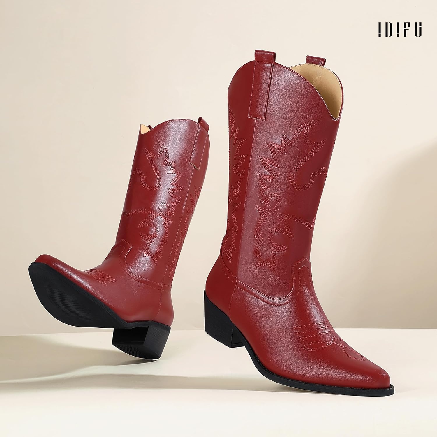 image:imageIDIFU Womens Cowboy Boots for Women Cowgirl Western Mid Calf Embroidered Chunky Low Heel Pointed Toe Country Dress Cute Fashion Comfortable Boots BootiesRed Pu