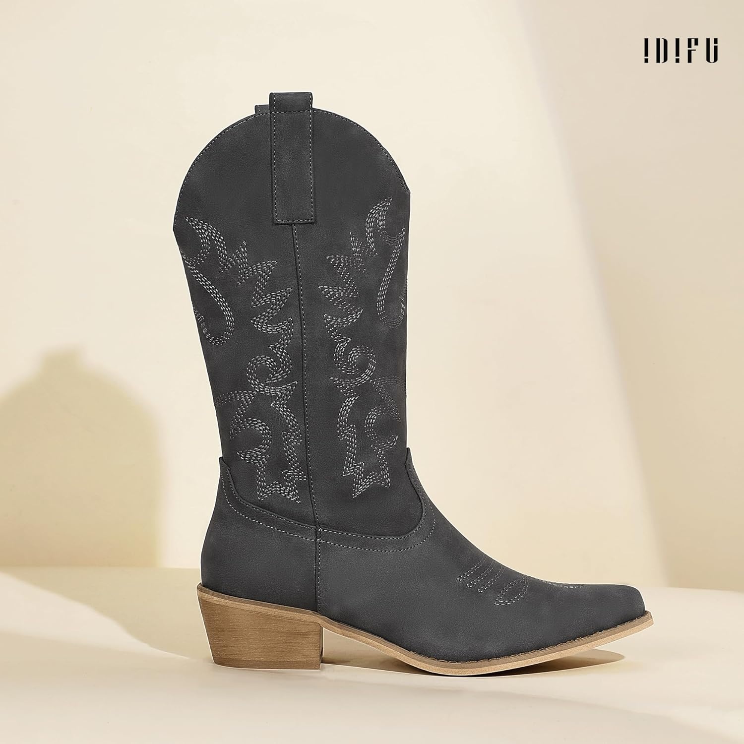 image:imageIDIFU Womens Cowboy Boots for Women Cowgirl Western Mid Calf Embroidered Chunky Low Heel Pointed Toe Country Dress Cute Fashion Comfortable Boots BootiesGrey Nubuck