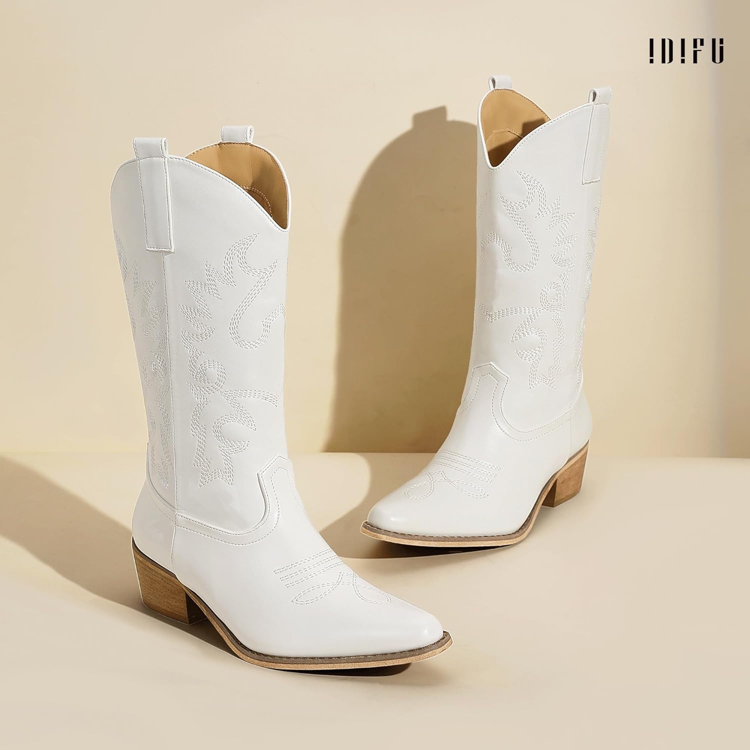 image:imageIDIFU Womens Cowboy Boots for Women Cowgirl Western Mid Calf Embroidered Chunky Low Heel Pointed Toe Country Dress Cute Fashion Comfortable Boots BootiesWhite Pu