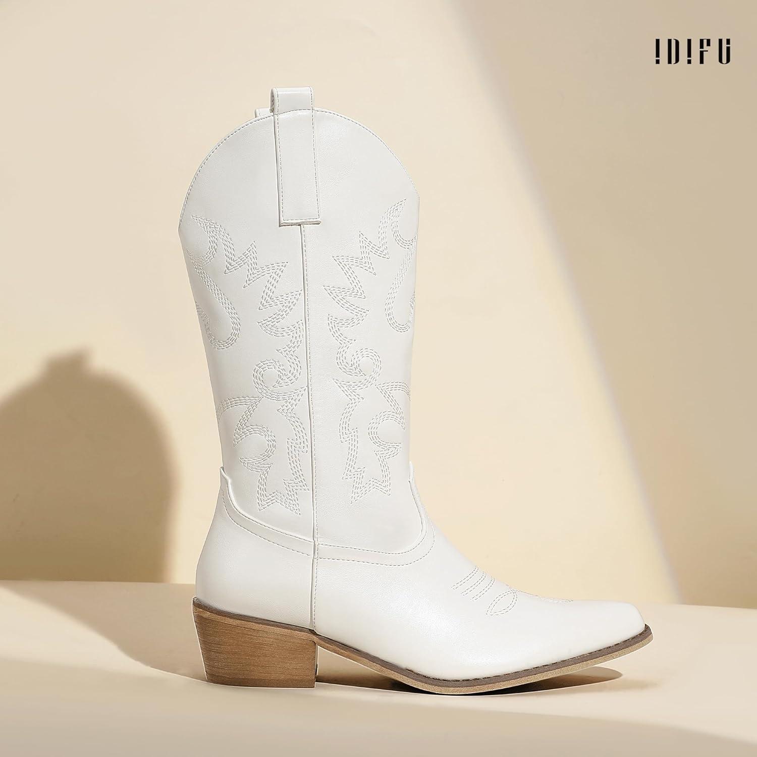 image:imageIDIFU Womens Cowboy Boots for Women Cowgirl Western Mid Calf Embroidered Chunky Low Heel Pointed Toe Country Dress Cute Fashion Comfortable Boots BootiesWhite Pu