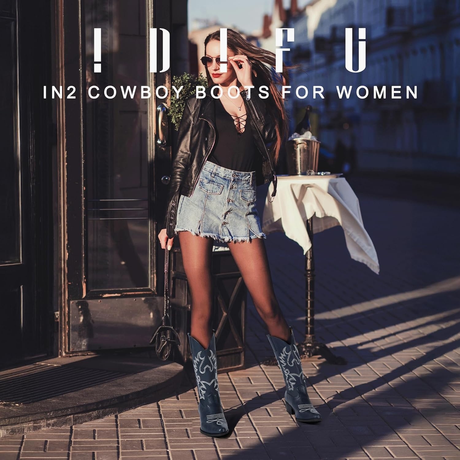 image:imageIDIFU Womens Cowboy Boots for Women Cowgirl Western Mid Calf Embroidered Chunky Low Heel Pointed Toe Country Dress Cute Fashion Comfortable Boots BootiesNavy Blue Pu