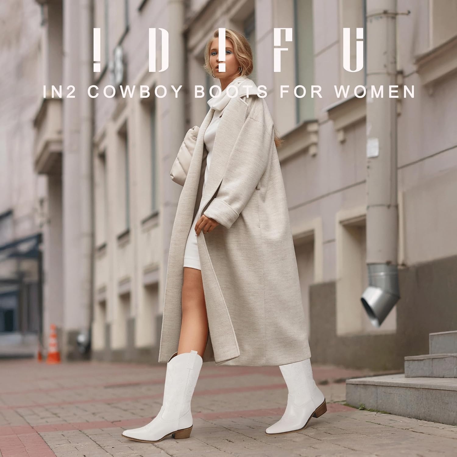 image:imageIDIFU Womens Cowboy Boots for Women Cowgirl Western Mid Calf Embroidered Chunky Low Heel Pointed Toe Country Dress Cute Fashion Comfortable Boots BootiesWhite Pu