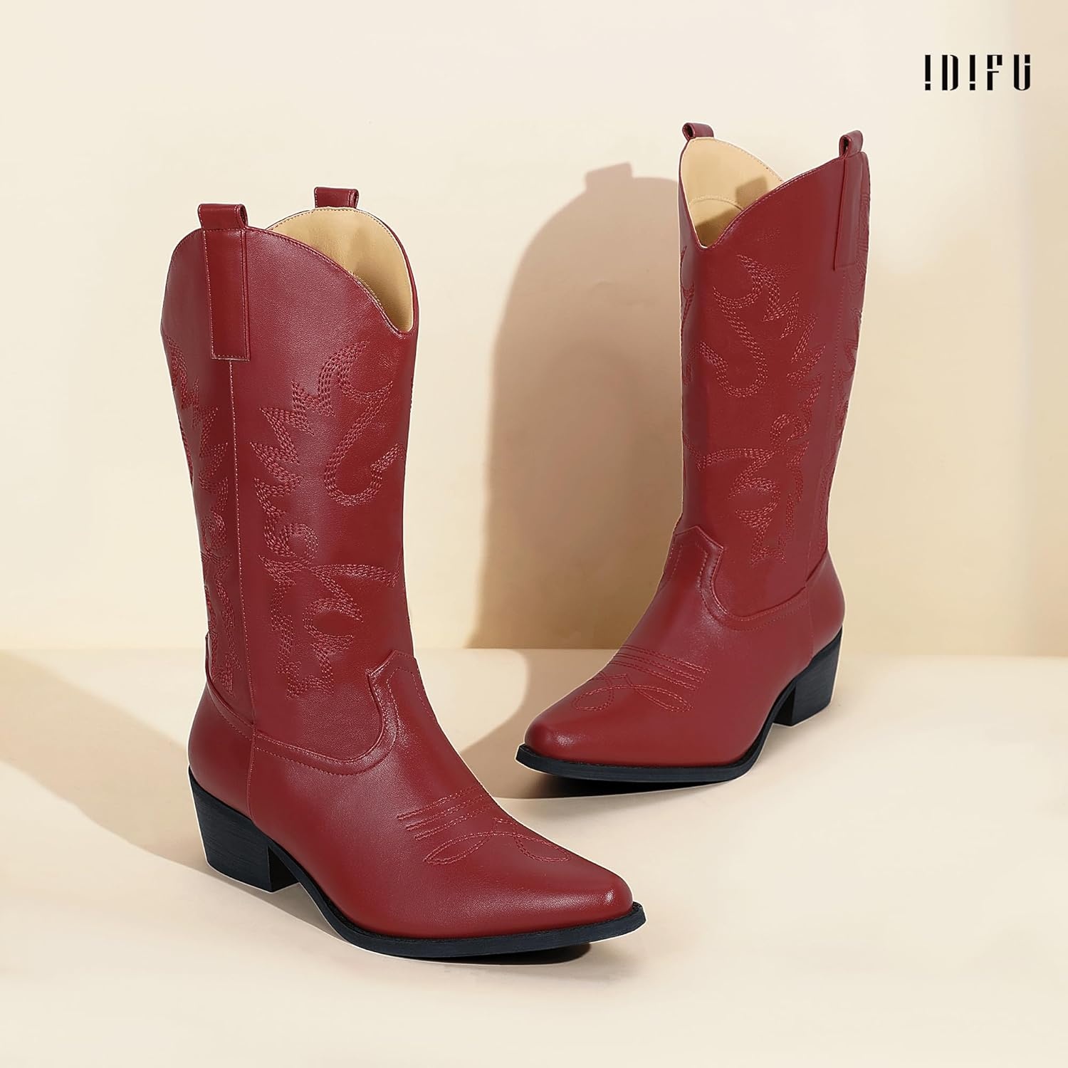 image:imageIDIFU Womens Cowboy Boots for Women Cowgirl Western Mid Calf Embroidered Chunky Low Heel Pointed Toe Country Dress Cute Fashion Comfortable Boots BootiesRed Pu