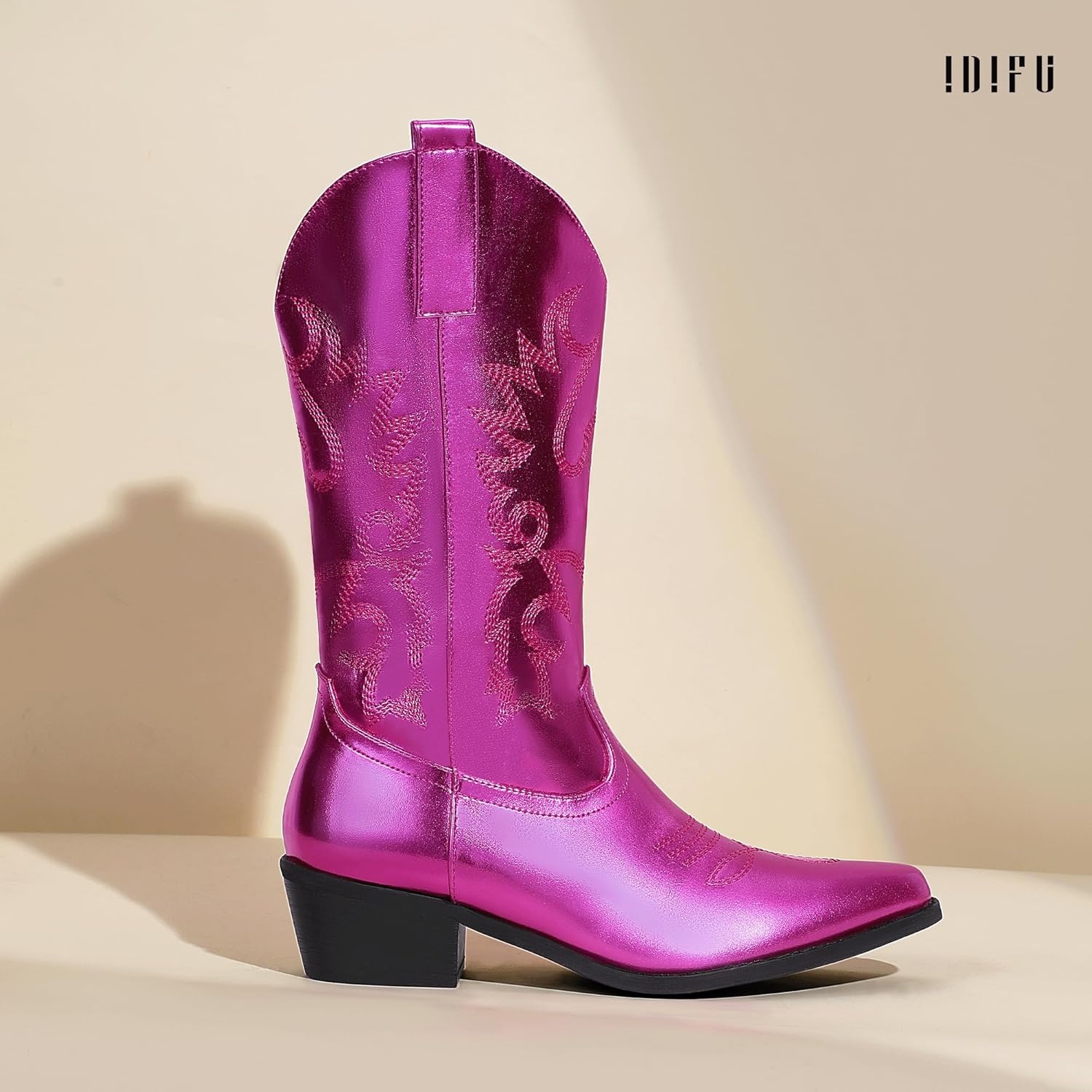 image:imageIDIFU Womens Cowboy Boots for Women Cowgirl Western Mid Calf Embroidered Chunky Low Heel Pointed Toe Country Dress Cute Fashion Comfortable Boots BootiesHot Pink Pu