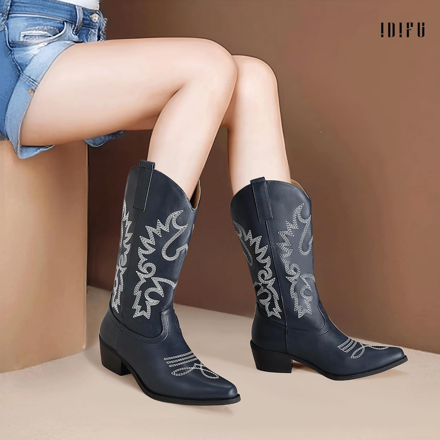 image:imageIDIFU Womens Cowboy Boots for Women Cowgirl Western Mid Calf Embroidered Chunky Low Heel Pointed Toe Country Dress Cute Fashion Comfortable Boots BootiesNavy Blue Pu