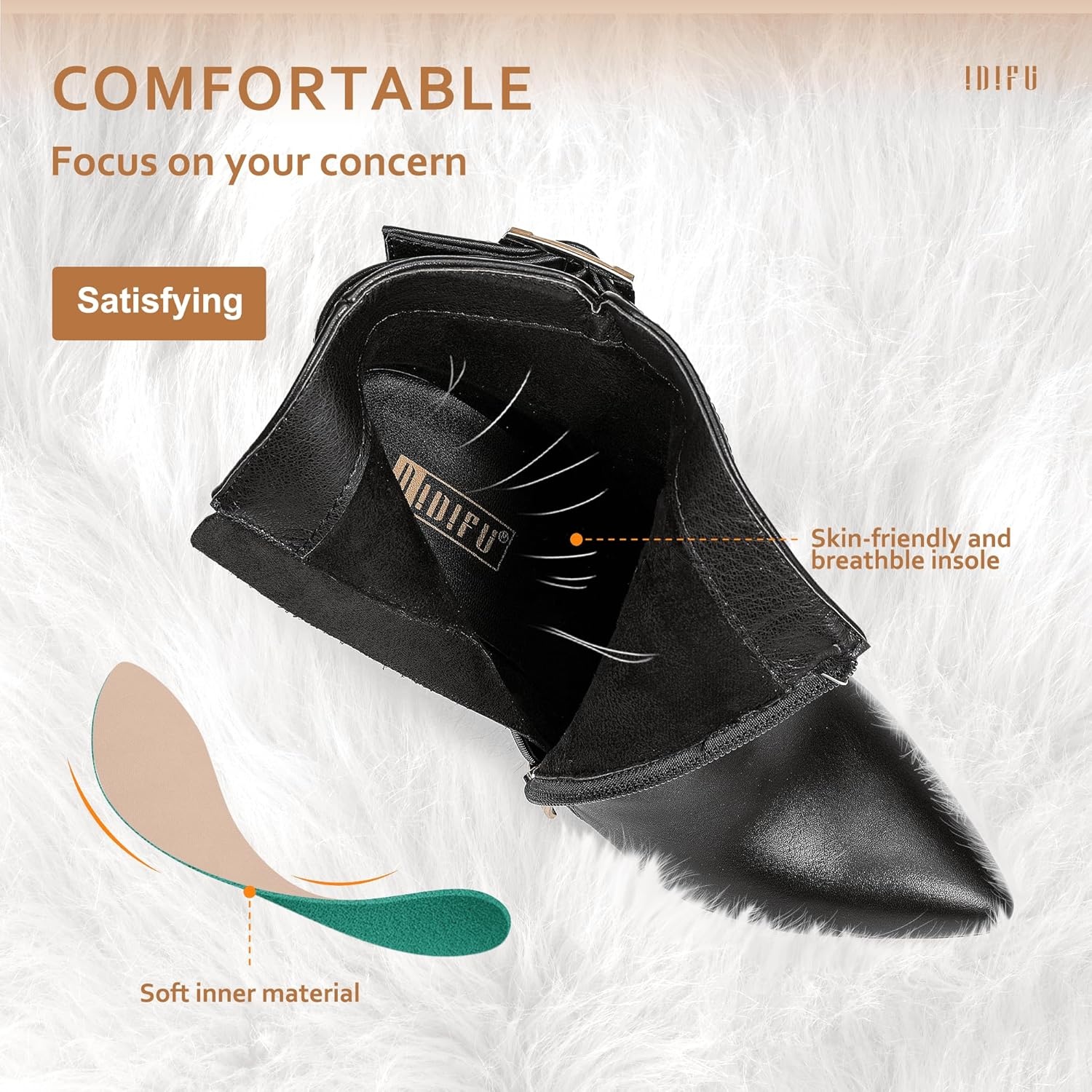 image:imageIDIFU Womens Dana Pointed Toe Stiletto High Heels Ankle Booties Side Zipper Short Boots with Metal BuckleBlack Pu