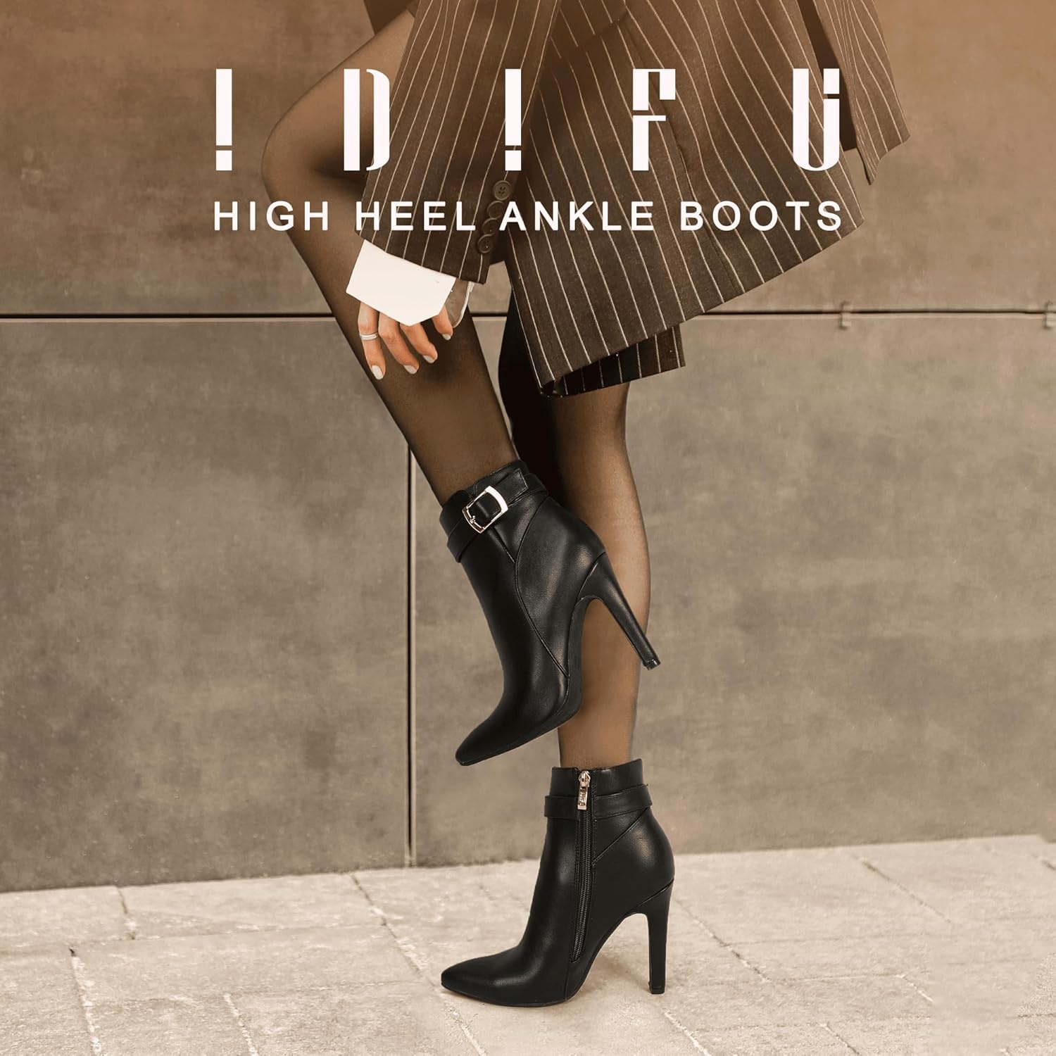 image:imageIDIFU Womens Dana Pointed Toe Stiletto High Heels Ankle Booties Side Zipper Short Boots with Metal BuckleBlack Pu