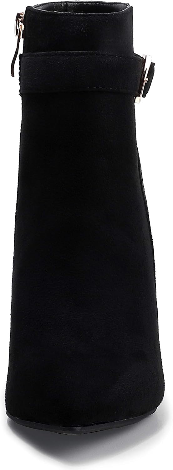 image:imageIDIFU Womens Dana Pointed Toe Stiletto High Heels Ankle Booties Side Zipper Short Boots with Metal BuckleBlack Suede