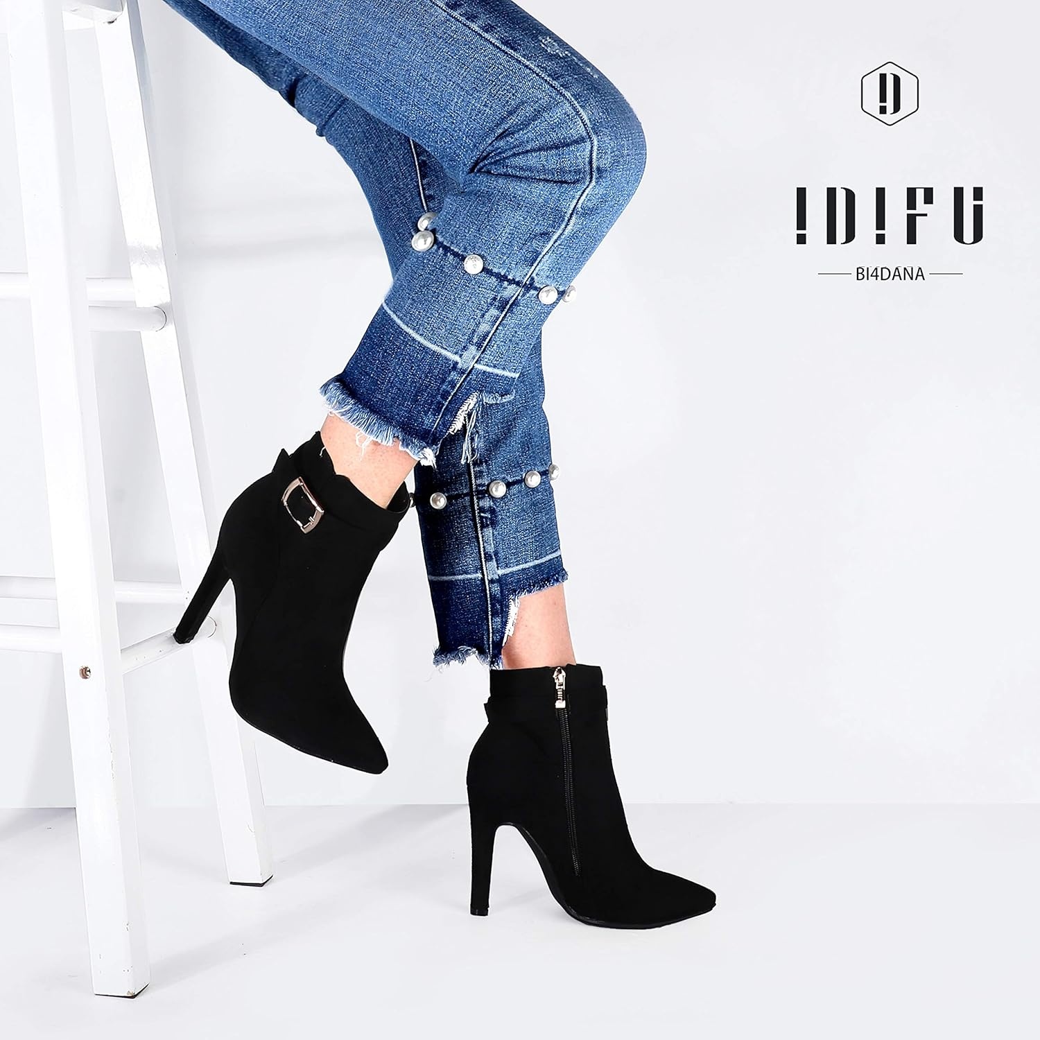 image:imageIDIFU Womens Dana Pointed Toe Stiletto High Heels Ankle Booties Side Zipper Short Boots with Metal BuckleBlack Suede