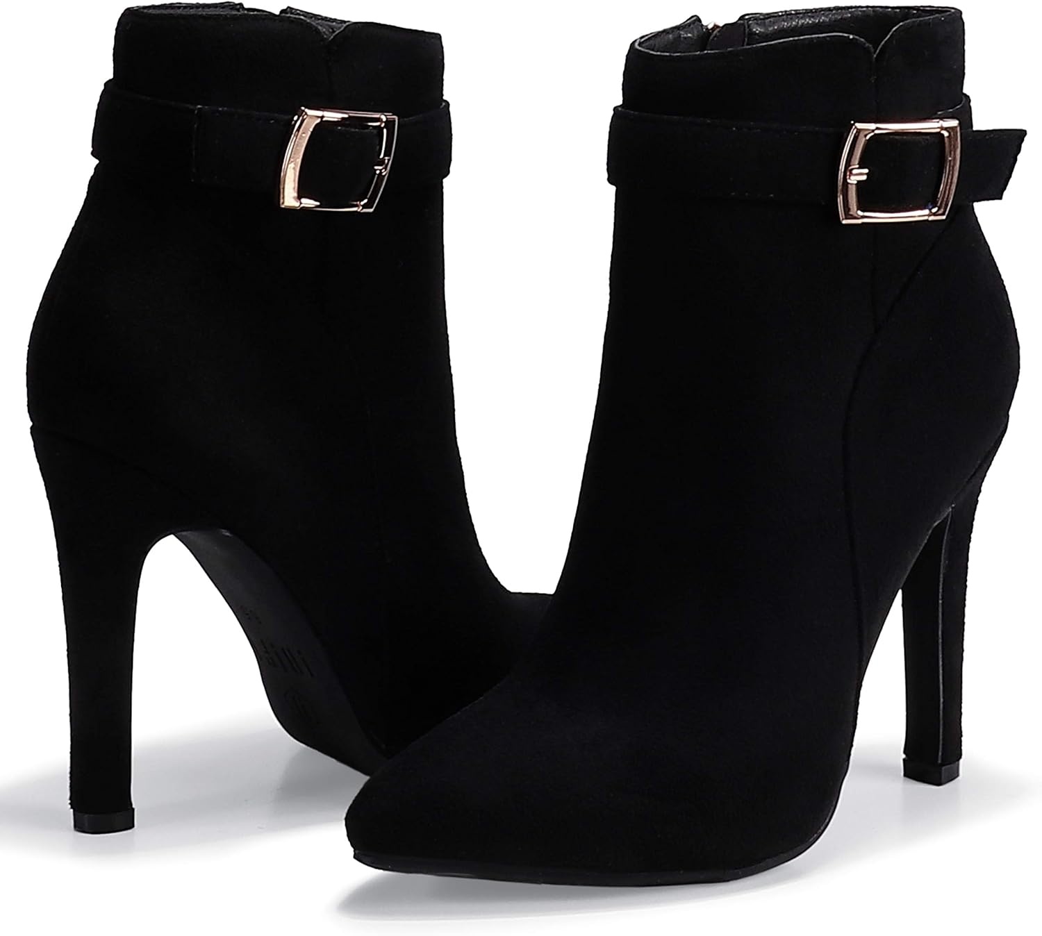 image:imageIDIFU Womens Dana Pointed Toe Stiletto High Heels Ankle Booties Side Zipper Short Boots with Metal BuckleBlack Suede