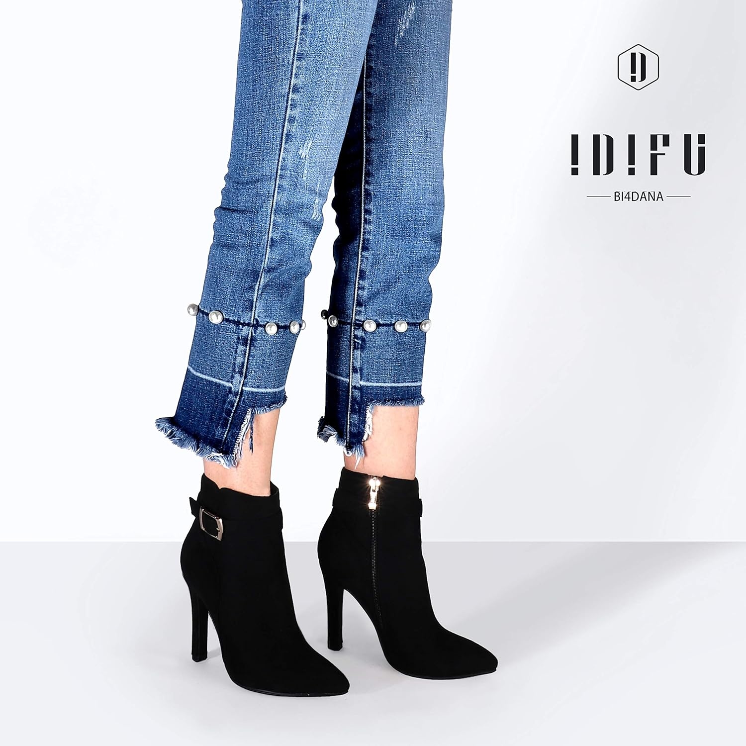 image:imageIDIFU Womens Dana Pointed Toe Stiletto High Heels Ankle Booties Side Zipper Short Boots with Metal BuckleBlack Suede