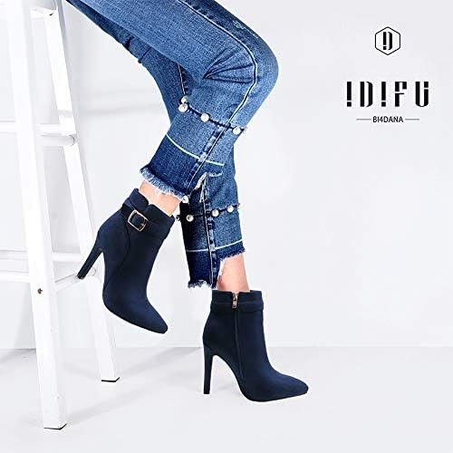 image:imageIDIFU Womens Dana Pointed Toe Stiletto High Heels Ankle Booties Side Zipper Short Boots with Metal BuckleBlue Suede