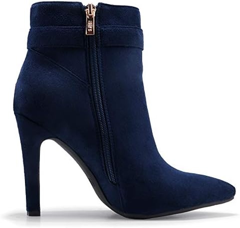 image:imageIDIFU Womens Dana Pointed Toe Stiletto High Heels Ankle Booties Side Zipper Short Boots with Metal BuckleBlue Suede