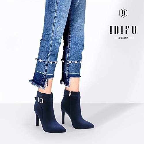 image:imageIDIFU Womens Dana Pointed Toe Stiletto High Heels Ankle Booties Side Zipper Short Boots with Metal BuckleBlue Suede