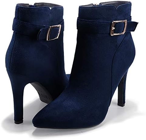 image:imageIDIFU Womens Dana Pointed Toe Stiletto High Heels Ankle Booties Side Zipper Short Boots with Metal BuckleBlue Suede
