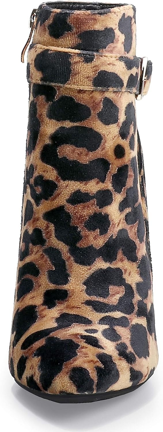 image:imageIDIFU Womens Dana Pointed Toe Stiletto High Heels Ankle Booties Side Zipper Short Boots with Metal BuckleLeopard Suede