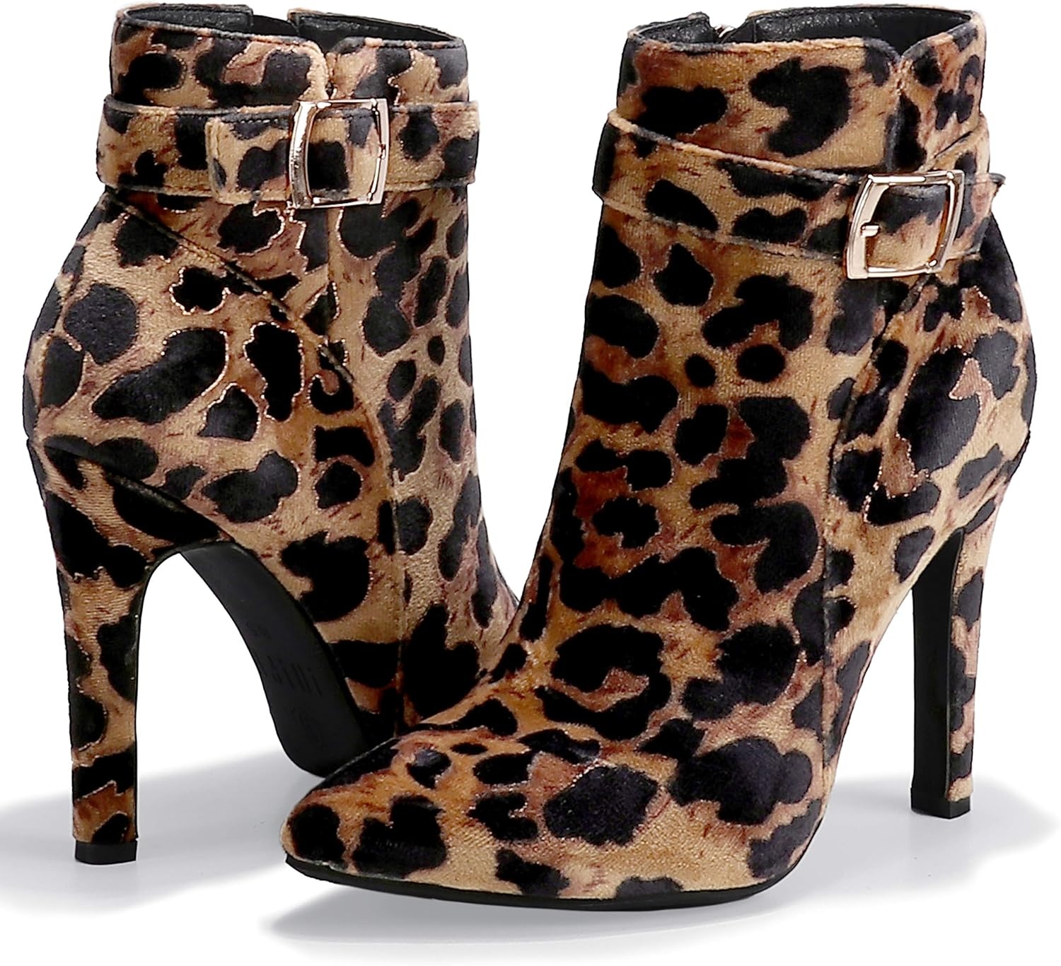 image:imageIDIFU Womens Dana Pointed Toe Stiletto High Heels Ankle Booties Side Zipper Short Boots with Metal BuckleLeopard Suede