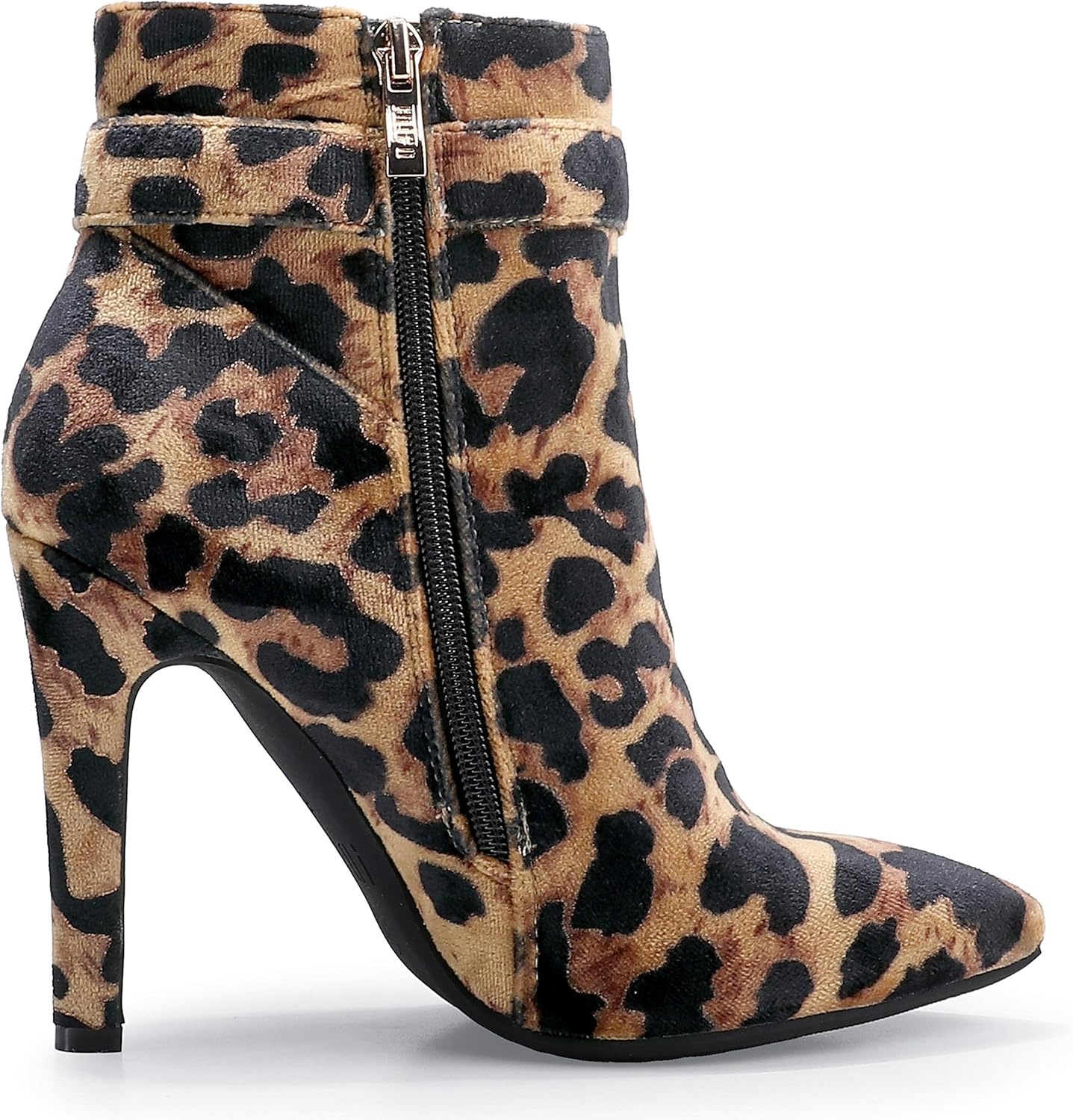 image:imageIDIFU Womens Dana Pointed Toe Stiletto High Heels Ankle Booties Side Zipper Short Boots with Metal BuckleLeopard Suede