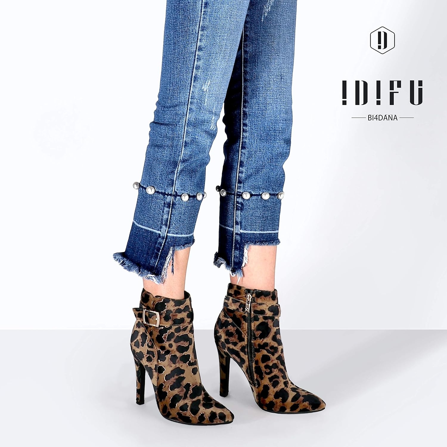 image:imageIDIFU Womens Dana Pointed Toe Stiletto High Heels Ankle Booties Side Zipper Short Boots with Metal BuckleLeopard Suede