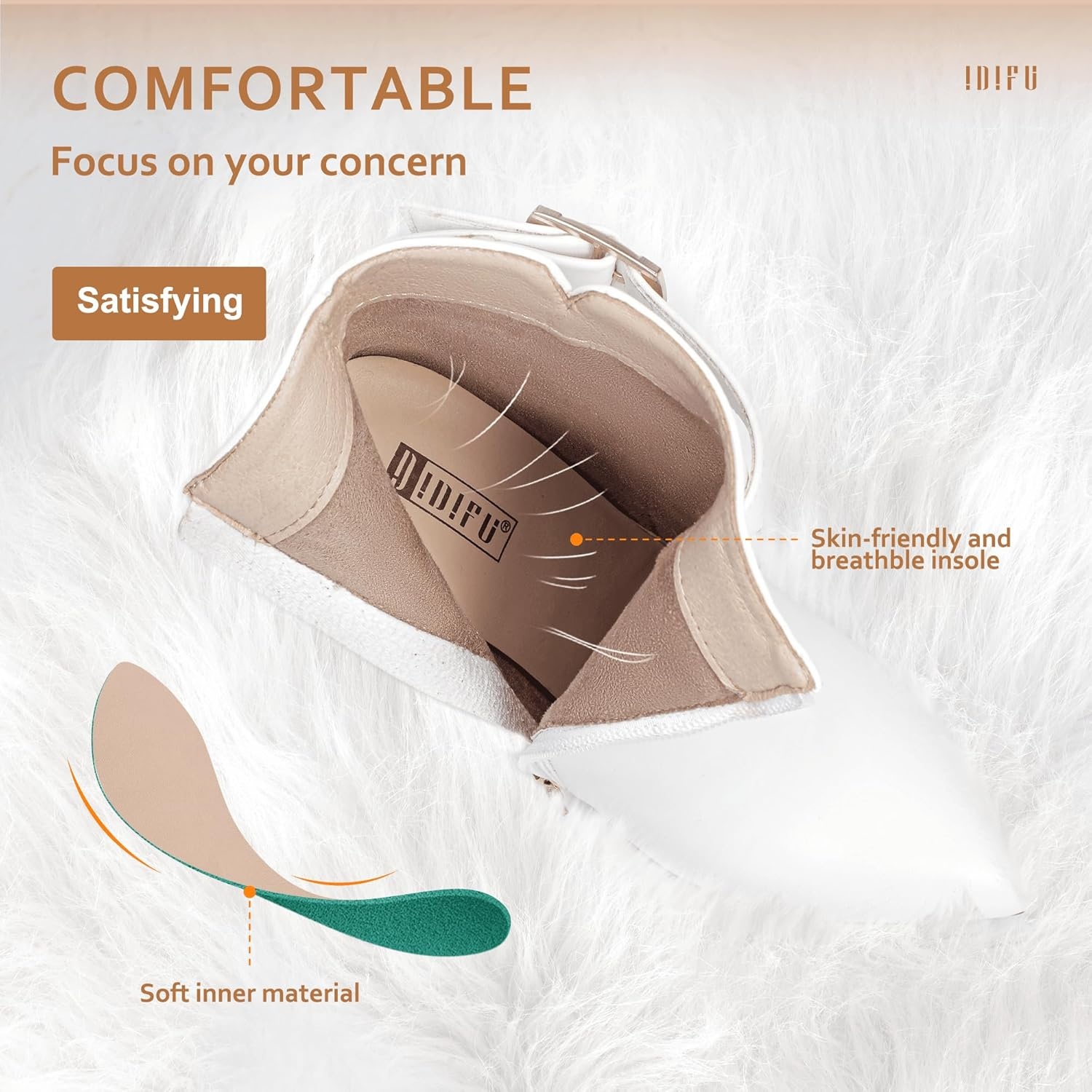 image:imageIDIFU Womens Dana Pointed Toe Stiletto High Heels Ankle Booties Side Zipper Short Boots with Metal BuckleWhite Pu
