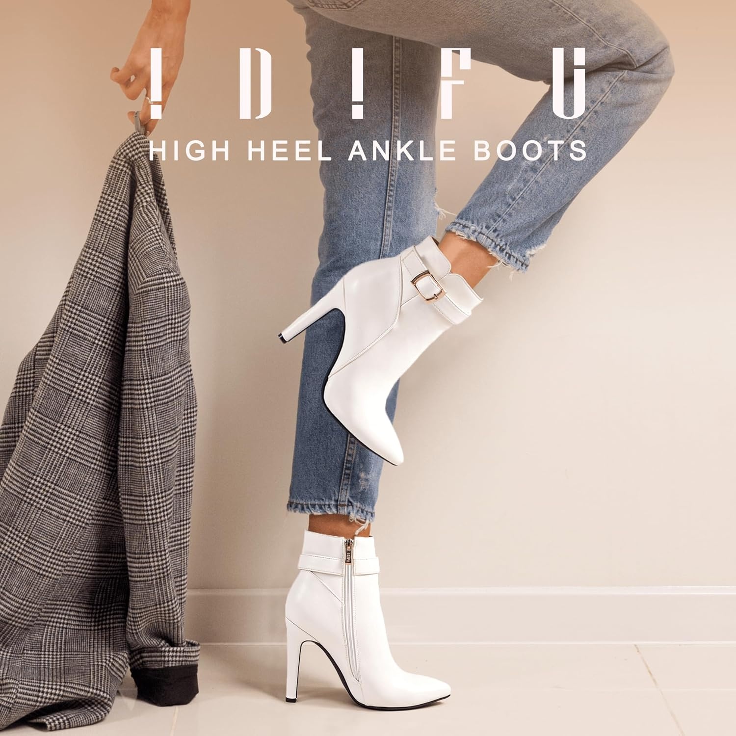 image:imageIDIFU Womens Dana Pointed Toe Stiletto High Heels Ankle Booties Side Zipper Short Boots with Metal BuckleWhite Pu
