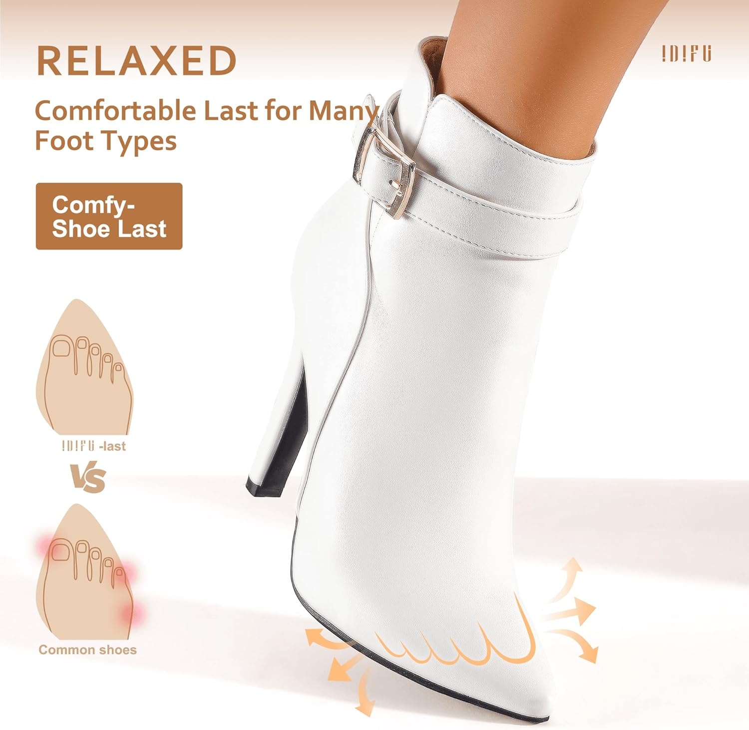 image:imageIDIFU Womens Dana Pointed Toe Stiletto High Heels Ankle Booties Side Zipper Short Boots with Metal BuckleWhite Pu