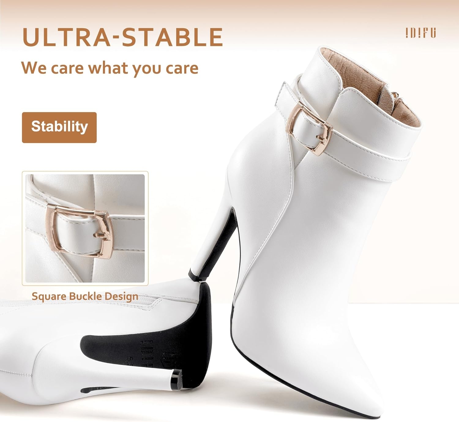 image:imageIDIFU Womens Dana Pointed Toe Stiletto High Heels Ankle Booties Side Zipper Short Boots with Metal BuckleWhite Pu