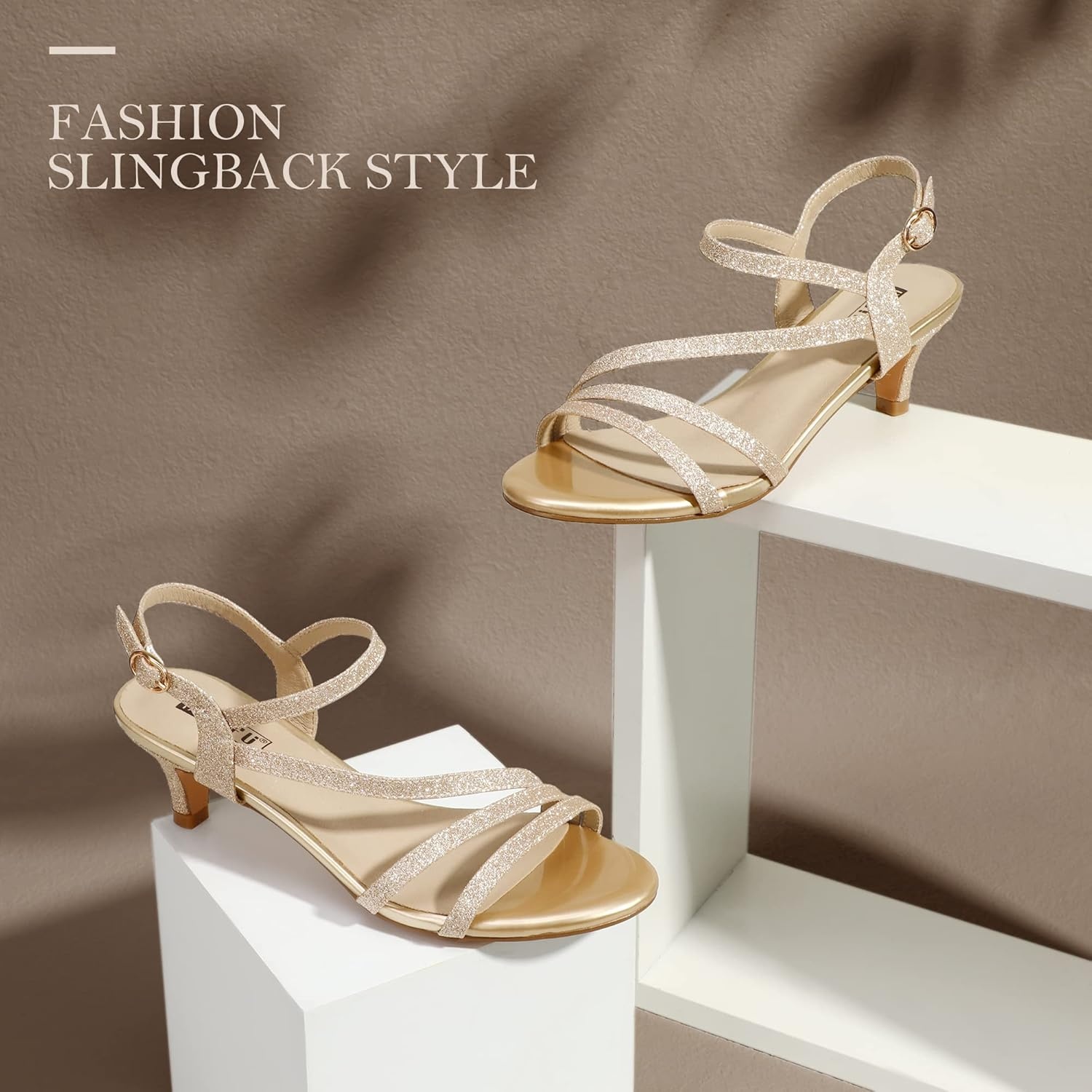 image:imageIDIFU Womens Dressy Strappy 2 Inch Low Kitten Heel Open Toe Sandals Dress Shoes for Woman Lady in Bridal Dance EveningGold Glitter