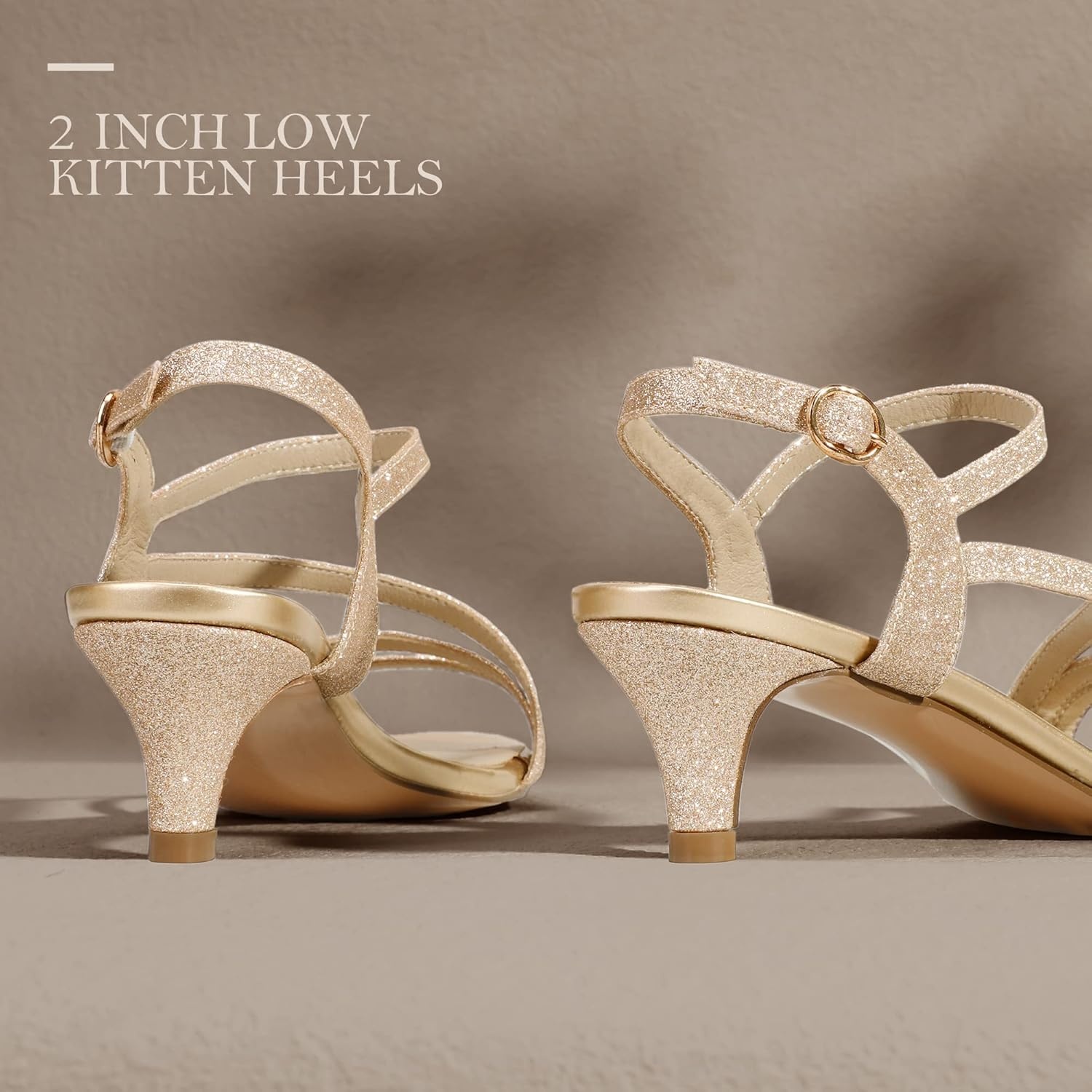 image:imageIDIFU Womens Dressy Strappy 2 Inch Low Kitten Heel Open Toe Sandals Dress Shoes for Woman Lady in Bridal Dance EveningGold Glitter