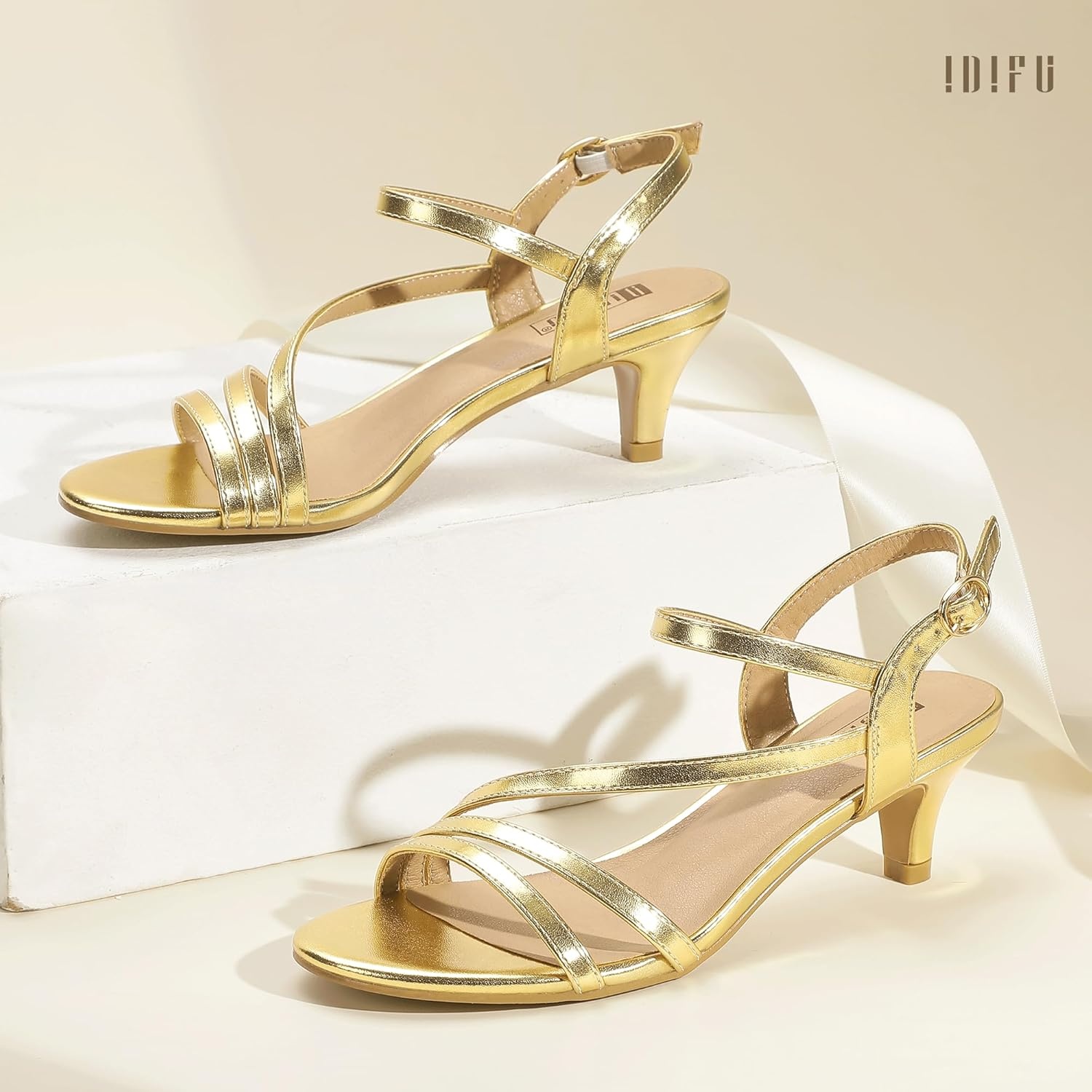 image:imageIDIFU Womens Dressy Strappy 2 Inch Low Kitten Heel Open Toe Sandals Dress Shoes for Woman Lady in Bridal Dance EveningGold Pu