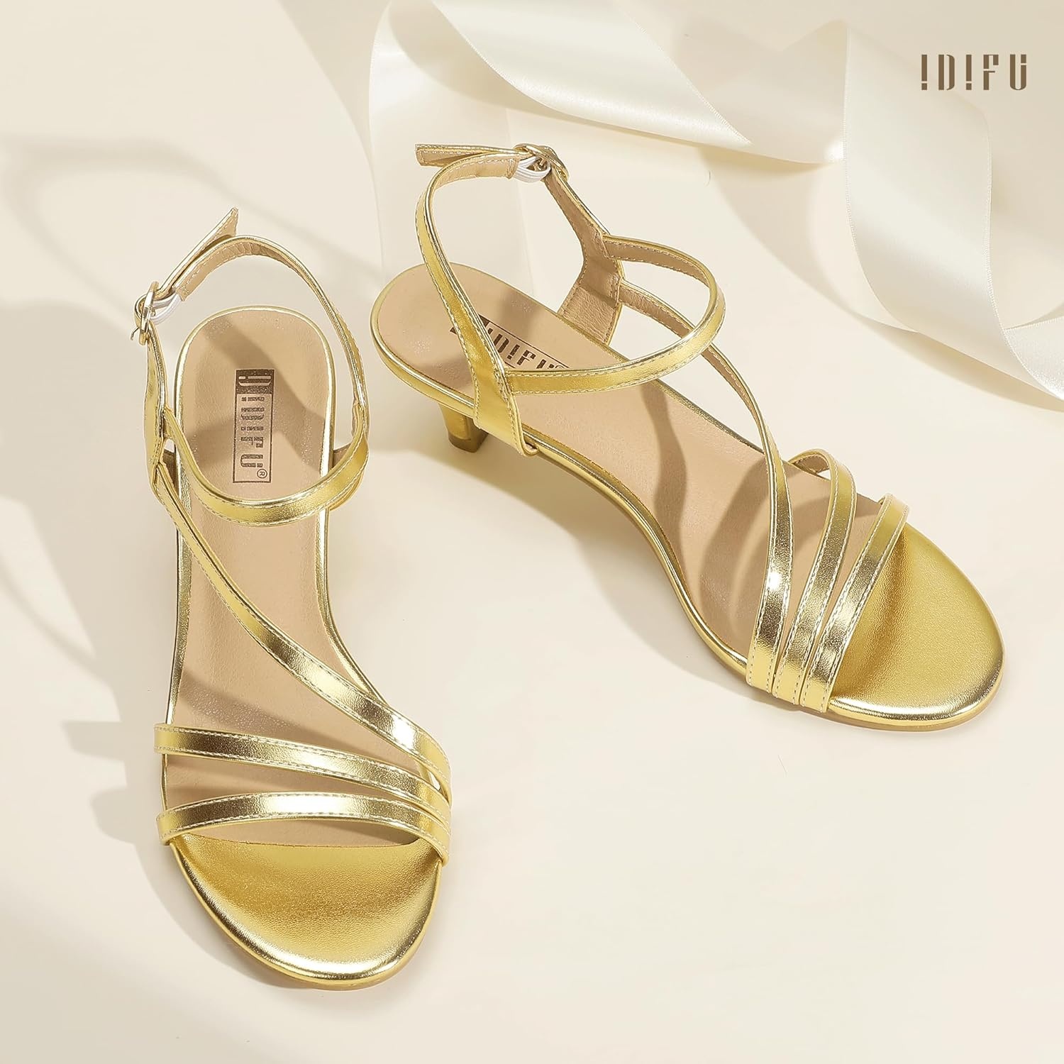 image:imageIDIFU Womens Dressy Strappy 2 Inch Low Kitten Heel Open Toe Sandals Dress Shoes for Woman Lady in Bridal Dance EveningGold Pu