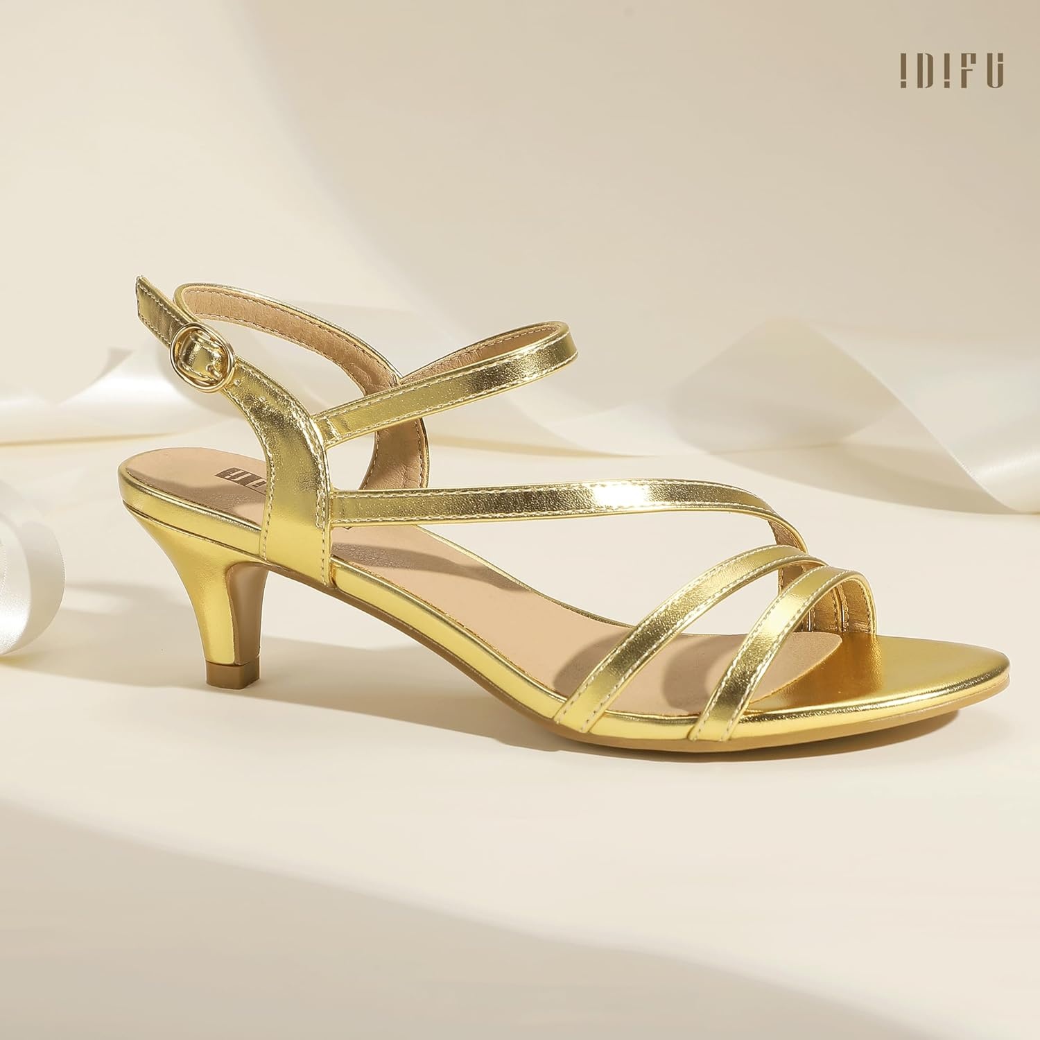 image:imageIDIFU Womens Dressy Strappy 2 Inch Low Kitten Heel Open Toe Sandals Dress Shoes for Woman Lady in Bridal Dance EveningGold Pu