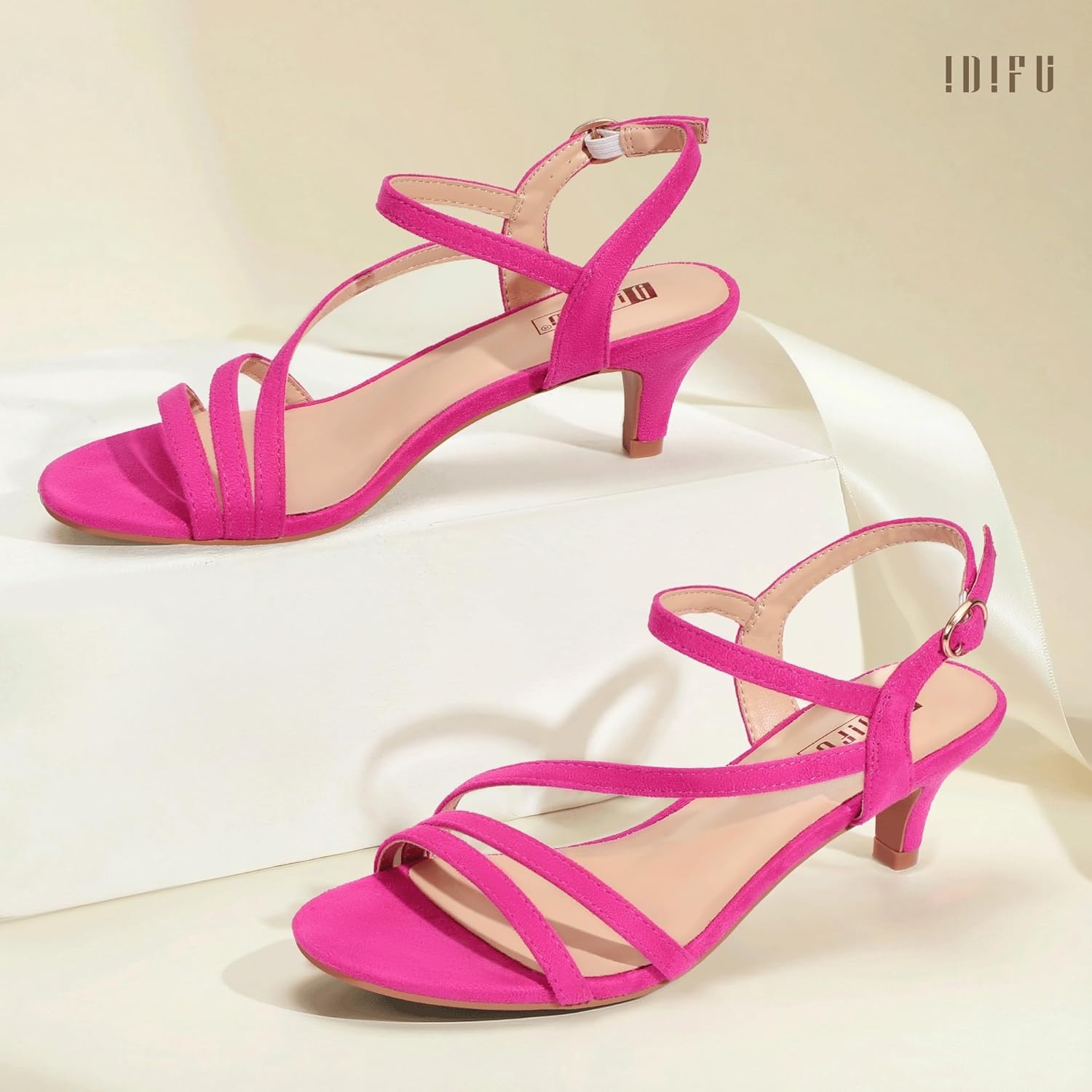 image:imageIDIFU Womens Dressy Strappy 2 Inch Low Kitten Heel Open Toe Sandals Dress Shoes for Woman Lady in Bridal Dance EveningHot Pink Suede
