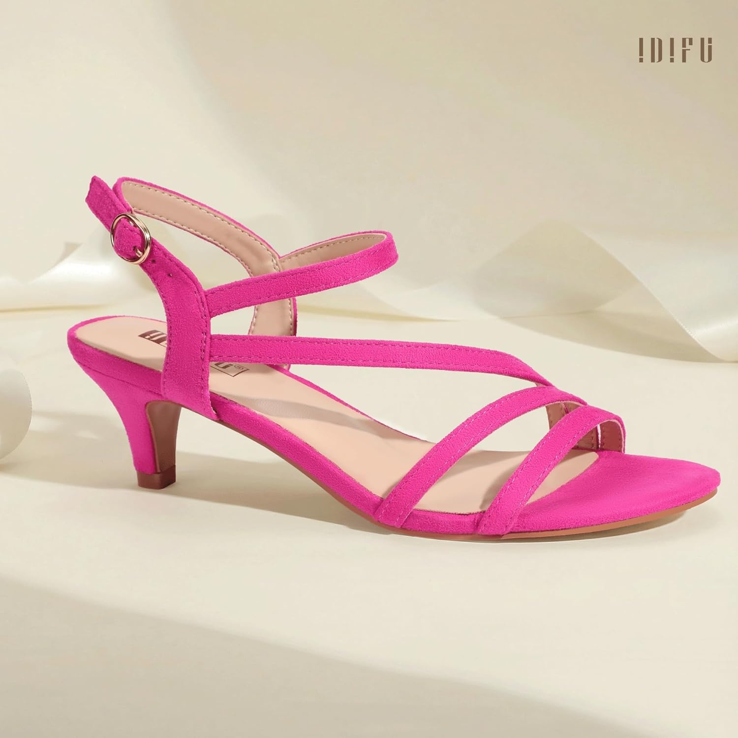 image:imageIDIFU Womens Dressy Strappy 2 Inch Low Kitten Heel Open Toe Sandals Dress Shoes for Woman Lady in Bridal Dance EveningHot Pink Suede