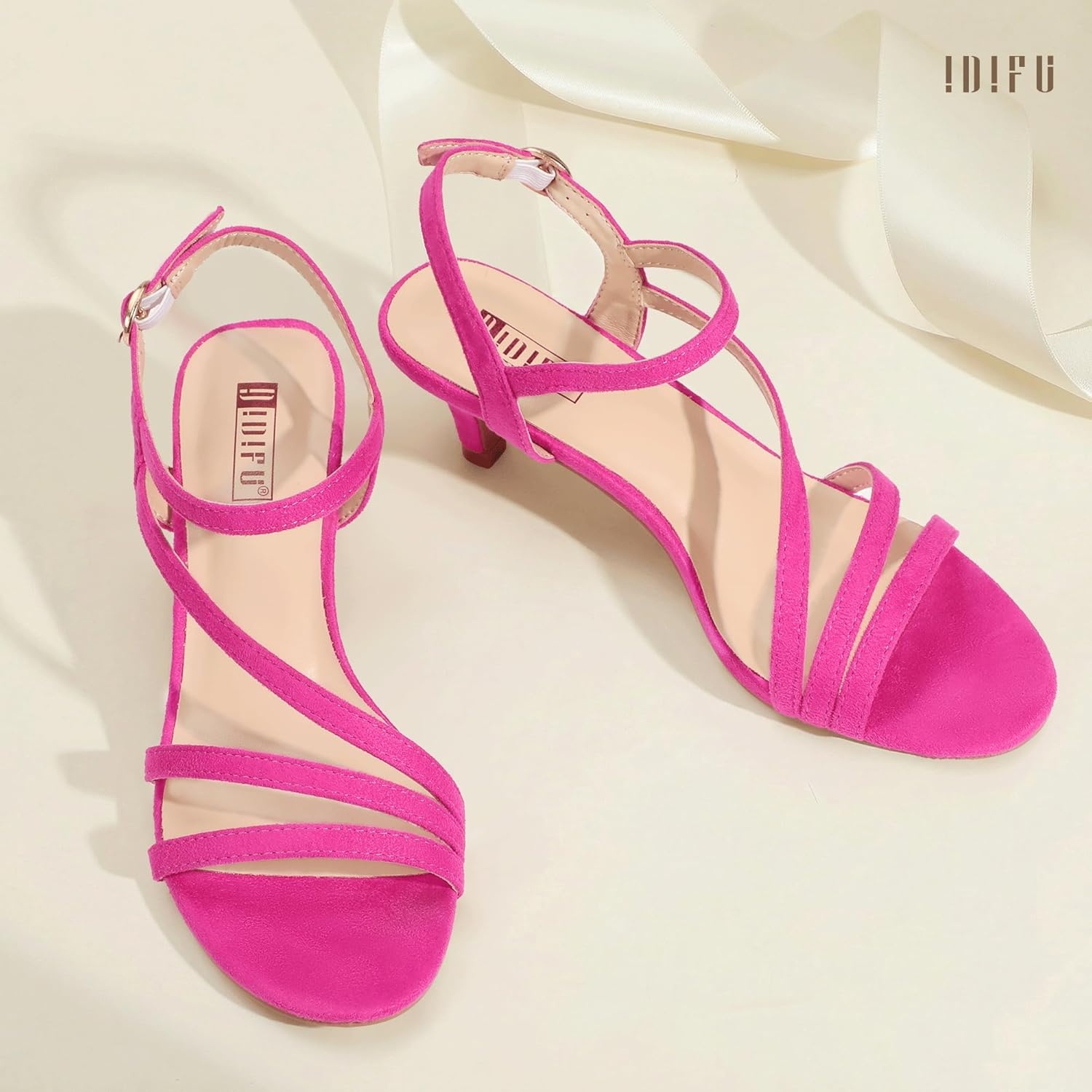 image:imageIDIFU Womens Dressy Strappy 2 Inch Low Kitten Heel Open Toe Sandals Dress Shoes for Woman Lady in Bridal Dance EveningHot Pink Suede