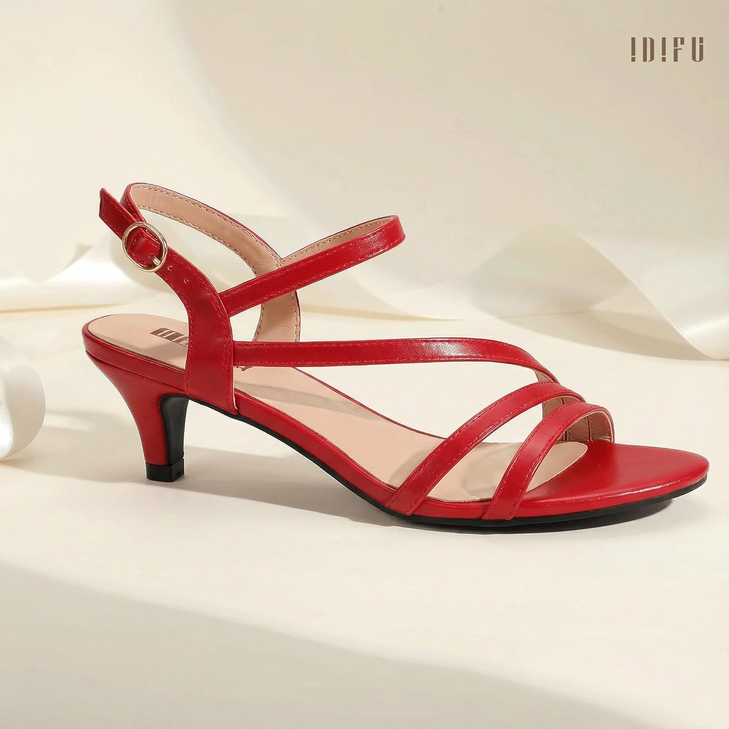 image:imageIDIFU Womens Dressy Strappy 2 Inch Low Kitten Heel Open Toe Sandals Dress Shoes for Woman Lady in Bridal Dance EveningRed Pu