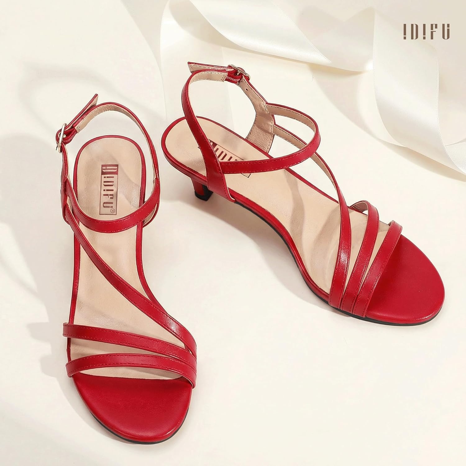image:imageIDIFU Womens Dressy Strappy 2 Inch Low Kitten Heel Open Toe Sandals Dress Shoes for Woman Lady in Bridal Dance EveningRed Pu