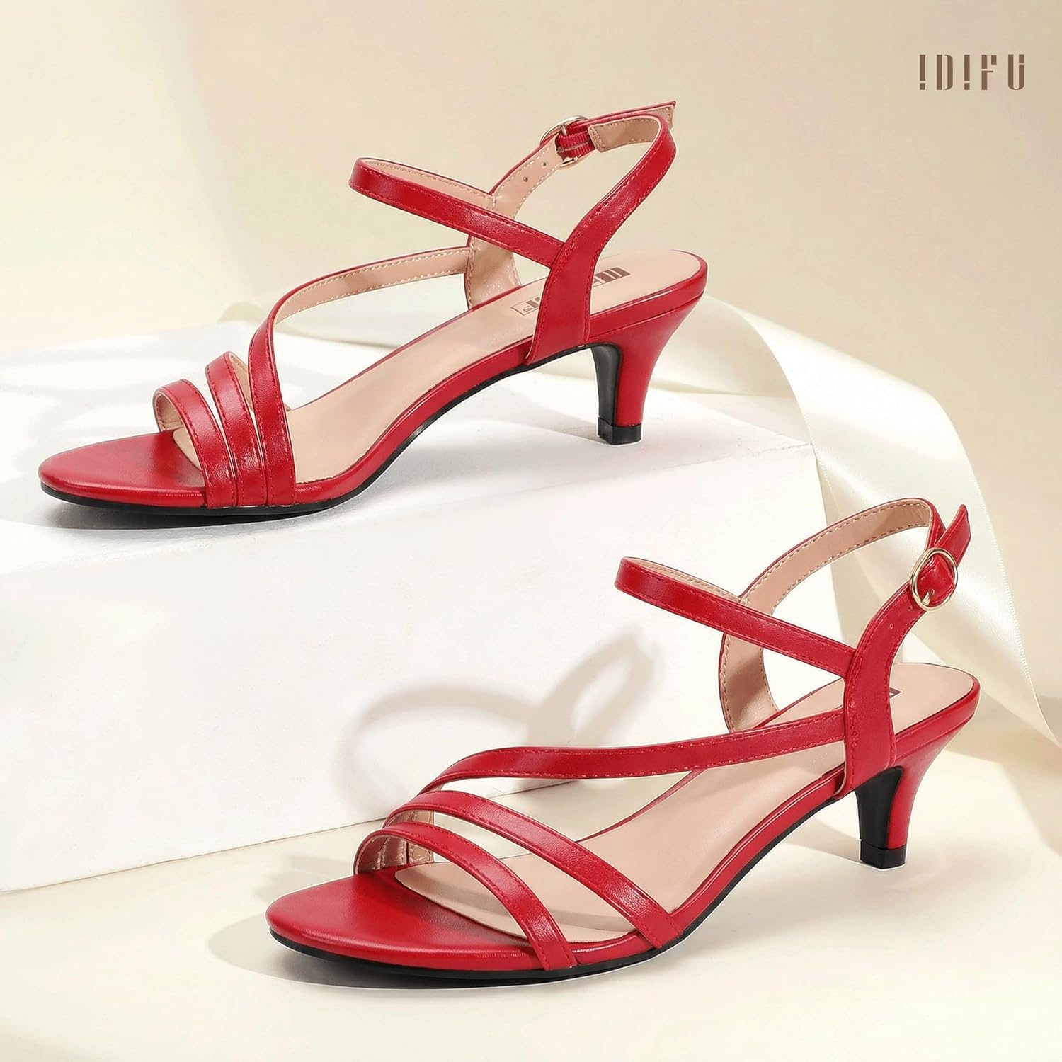 image:imageIDIFU Womens Dressy Strappy 2 Inch Low Kitten Heel Open Toe Sandals Dress Shoes for Woman Lady in Bridal Dance EveningRed Pu