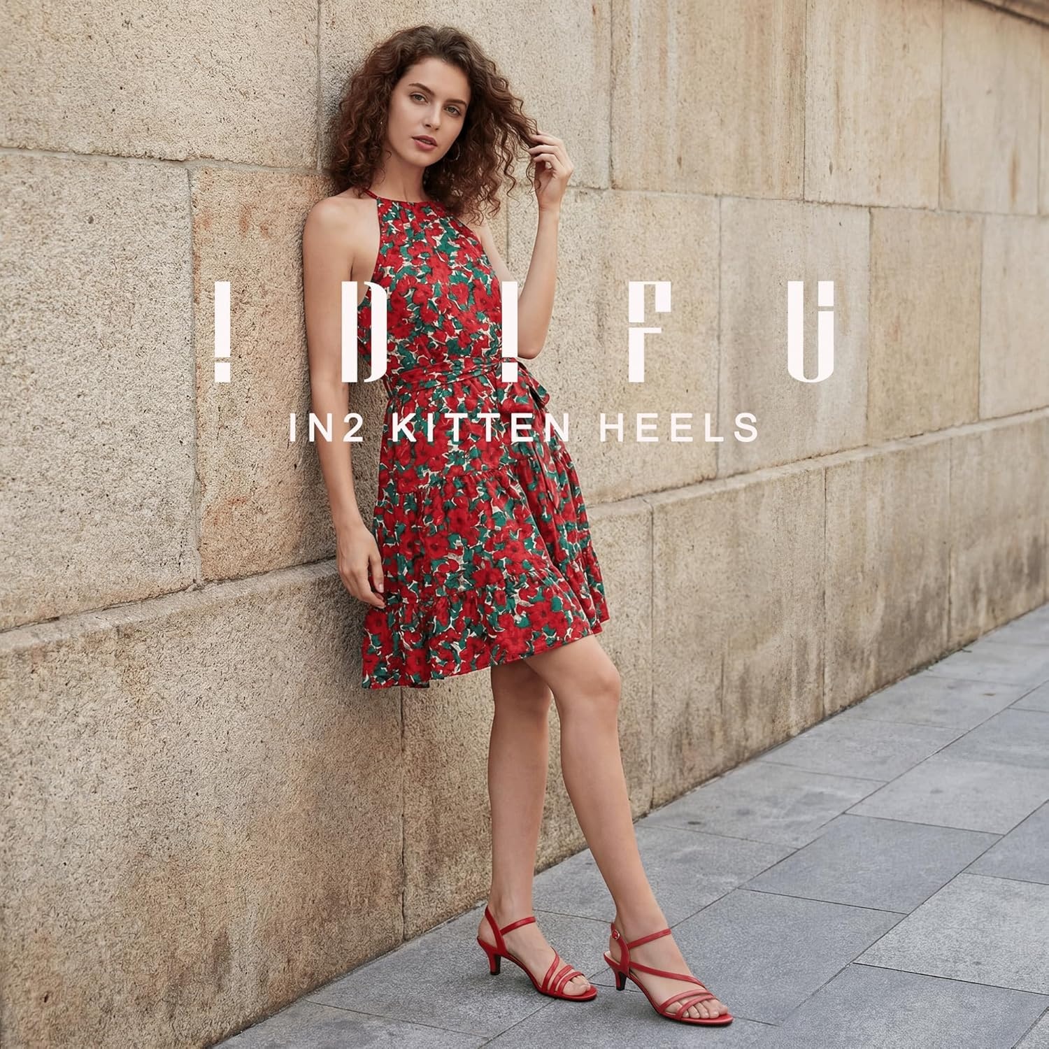 image:imageIDIFU Womens Dressy Strappy 2 Inch Low Kitten Heel Open Toe Sandals Dress Shoes for Woman Lady in Bridal Dance EveningRed Pu