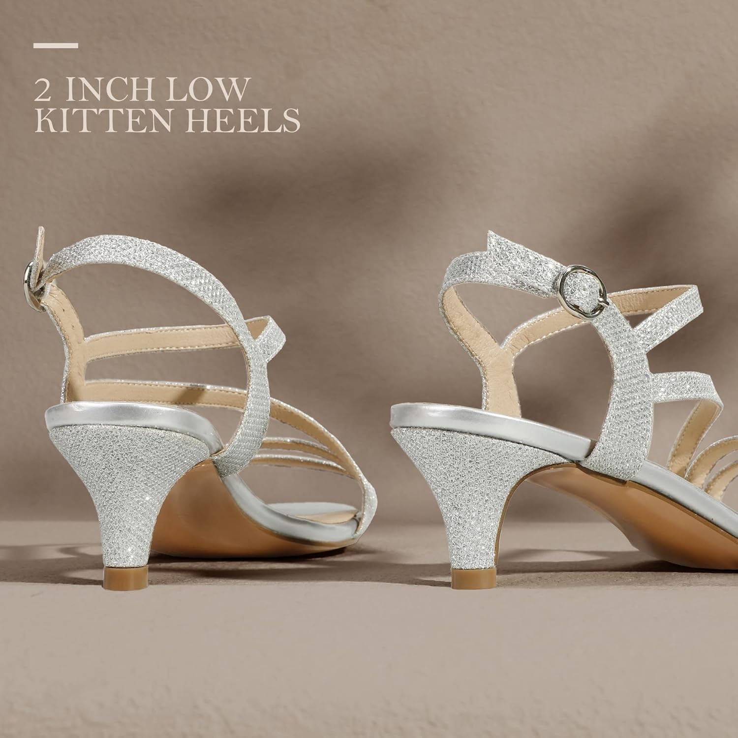 image:imageIDIFU Womens Dressy Strappy 2 Inch Low Kitten Heel Open Toe Sandals Dress Shoes for Woman Lady in Bridal Dance EveningSilver Glitter