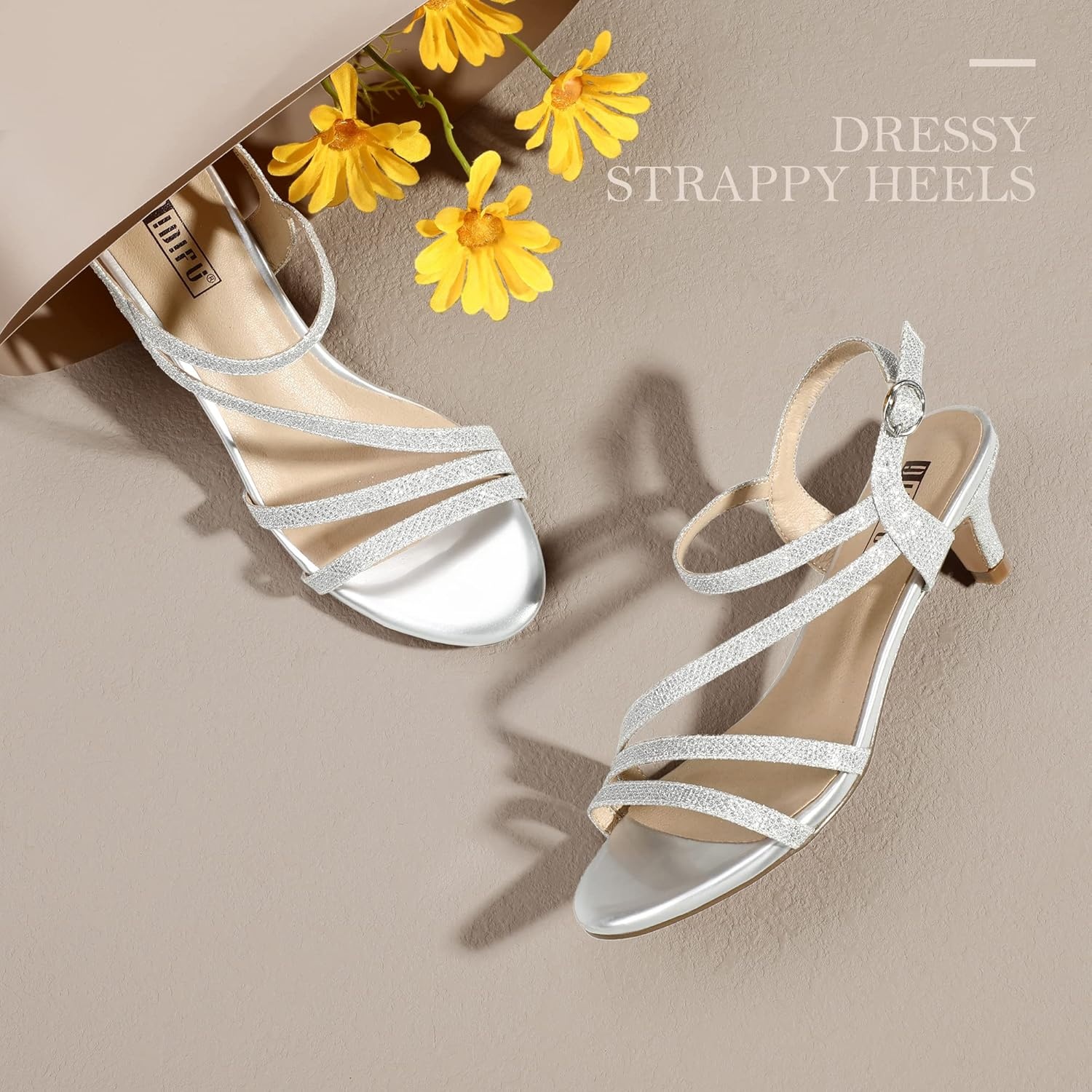 image:imageIDIFU Womens Dressy Strappy 2 Inch Low Kitten Heel Open Toe Sandals Dress Shoes for Woman Lady in Bridal Dance EveningSilver Glitter