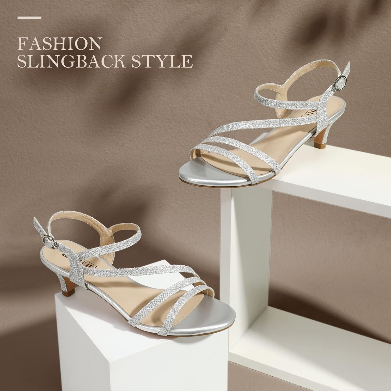 image:imageIDIFU Womens Dressy Strappy 2 Inch Low Kitten Heel Open Toe Sandals Dress Shoes for Woman Lady in Bridal Dance EveningSilver Glitter
