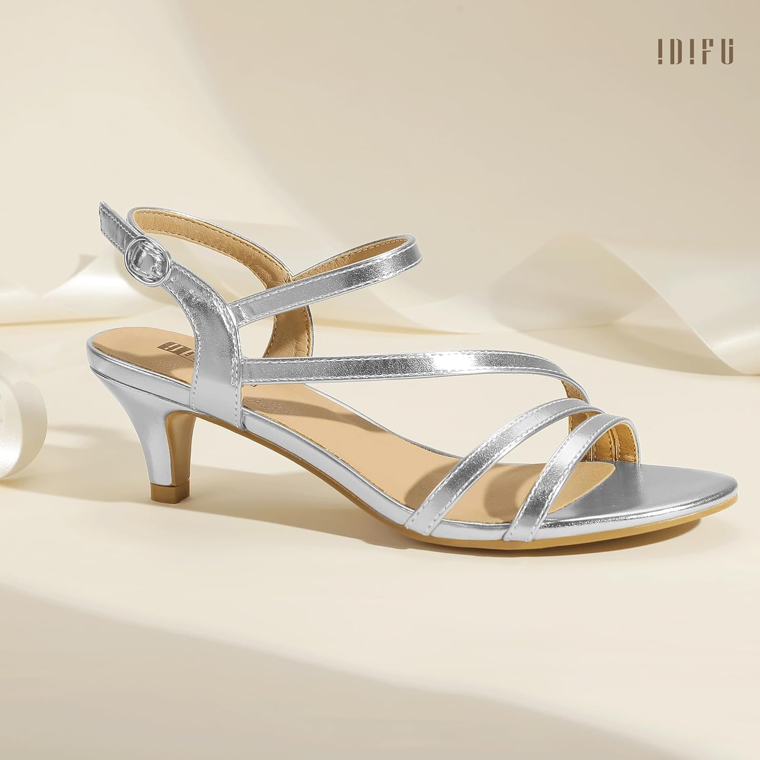 image:imageIDIFU Womens Dressy Strappy 2 Inch Low Kitten Heel Open Toe Sandals Dress Shoes for Woman Lady in Bridal Dance EveningSilver Pu