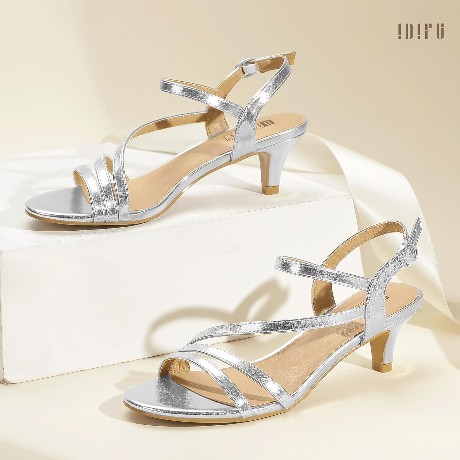 image:imageIDIFU Womens Dressy Strappy 2 Inch Low Kitten Heel Open Toe Sandals Dress Shoes for Woman Lady in Bridal Dance EveningSilver Pu