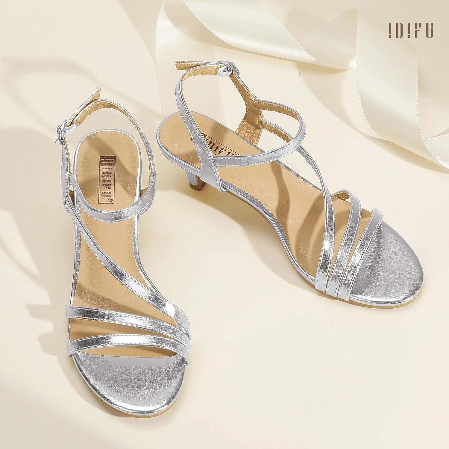 image:imageIDIFU Womens Dressy Strappy 2 Inch Low Kitten Heel Open Toe Sandals Dress Shoes for Woman Lady in Bridal Dance EveningSilver Pu