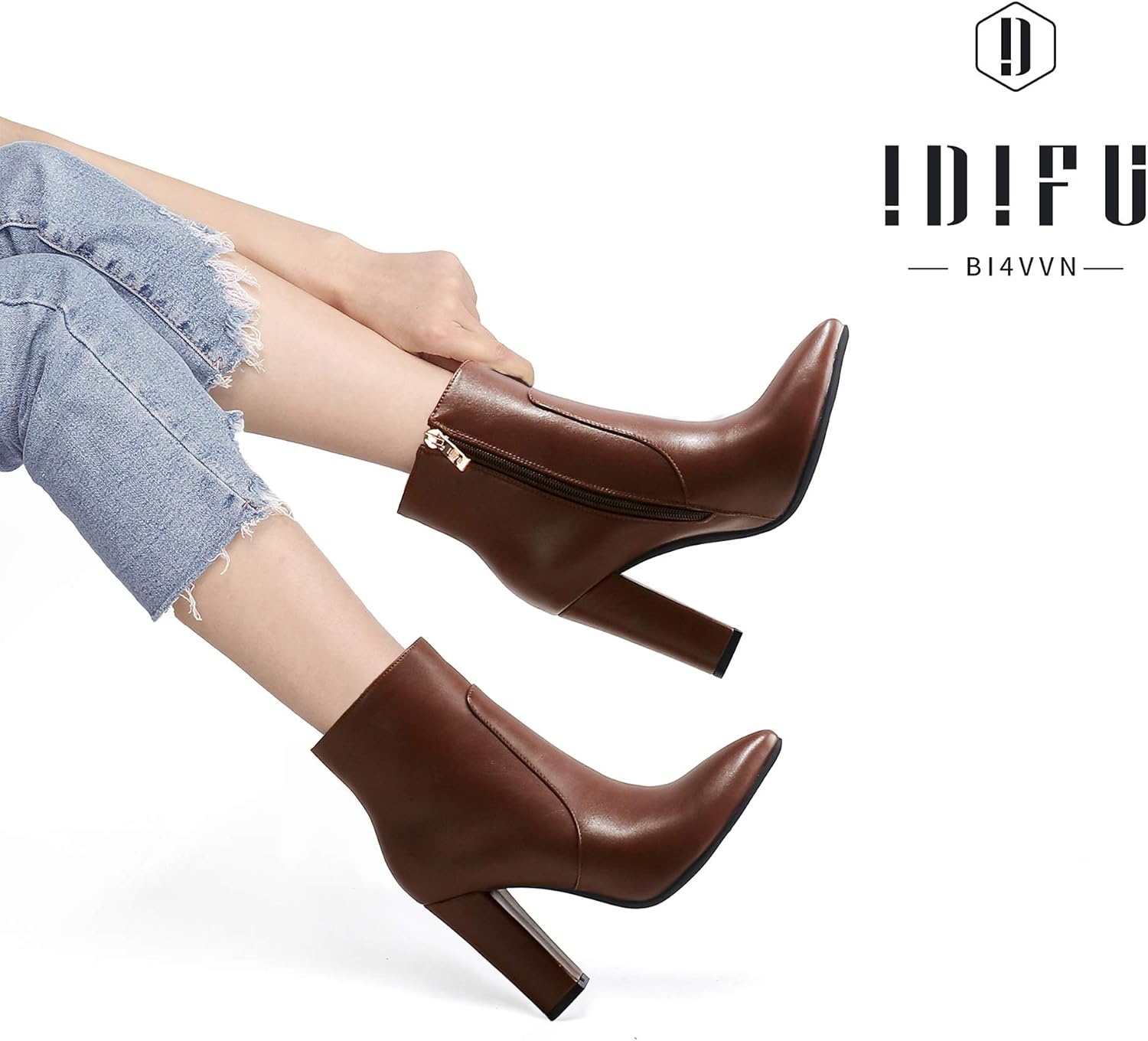 image:imageIDIFU Womens Fashion Ankle Boots Comfy Pointed Toe High Heels Side Zipper BootiesC Dark Brown Pu