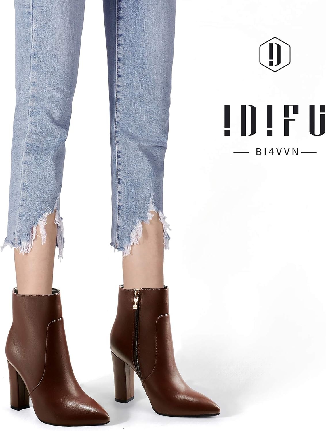 image:imageIDIFU Womens Fashion Ankle Boots Comfy Pointed Toe High Heels Side Zipper BootiesC Dark Brown Pu