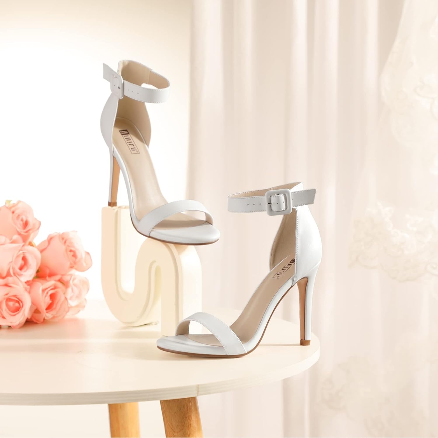 image:imageIDIFU Womens High Heels for Women Dressy Stiletto Open Toe Heels Ankle Strap Heeled Sandals for Women on Wedding Party HomecomingWhite Pu