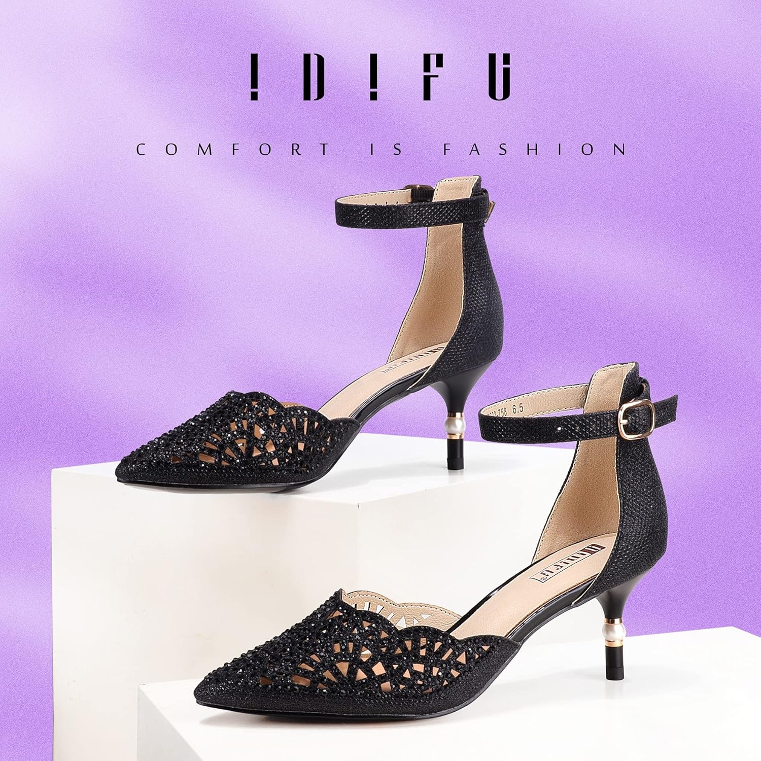 image:imageIDIFU Womens IN2 Candice Wedding Rhinestones Sequins Low Kitten Heels Pumps Dress Evening Shoes for Women Bridal BrideBlack