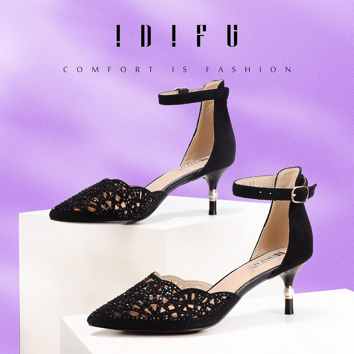 image:imageIDIFU Womens IN2 Candice Wedding Rhinestones Sequins Low Kitten Heels Pumps Dress Evening Shoes for Women Bridal BrideBlack Suede